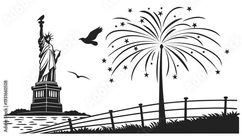 Statue of Liberty with Fireworks and Birds.