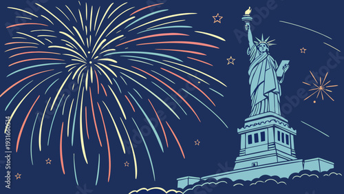 Statue of Liberty with vibrant fireworks celebrating American independence.