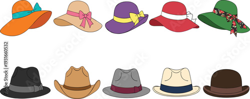 Diverse Collection of Fashion Hats Featuring Sun Hats with Ribbons, Cowboy Hats, Fedora Styles, and Bowler Hats for Summer Travel and Elegant Apparel Design