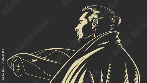 Stylish Man with Sports Car in Dark Setting.