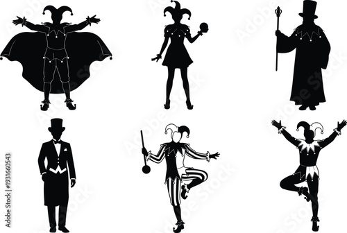 Black silhouettes of circus performers and jesters, harlequin characters in carnival costumes isolated on white background, theatrical entertainment and festive icons