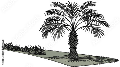 Stylized Palm Tree and Ground Cover Illustration.