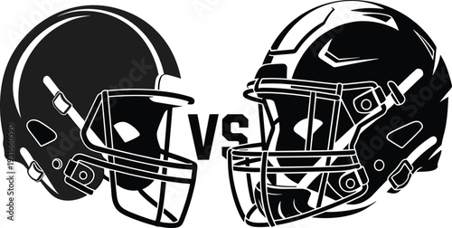 American football helmets VS vector illustration, bold sports rivalry design with competitive matchup, game motifs, and promotional elements