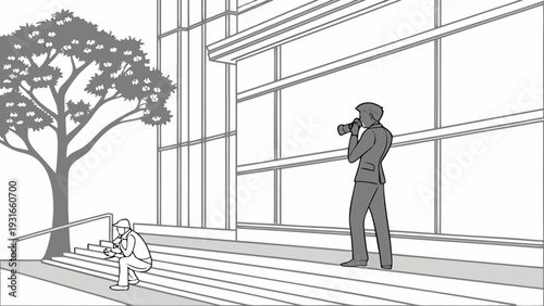 Two men one standing and one sitting are engaged in photography outside a modern building with large windows and a tree nearby.