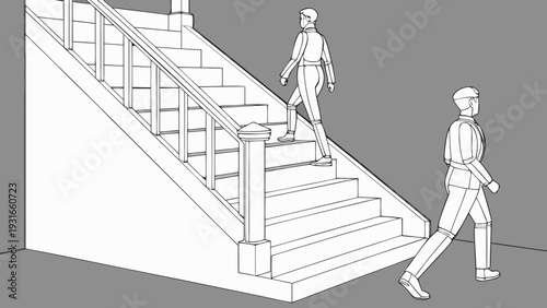 Two people walking on a staircase one ascending and one descending in a monochromatic line art style.