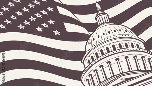 United States Capitol Building and American Flag Illustration.