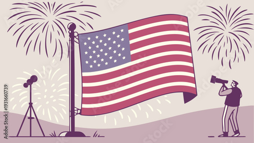American Flag Waving with Fireworks and People Celebrating Independence Day.