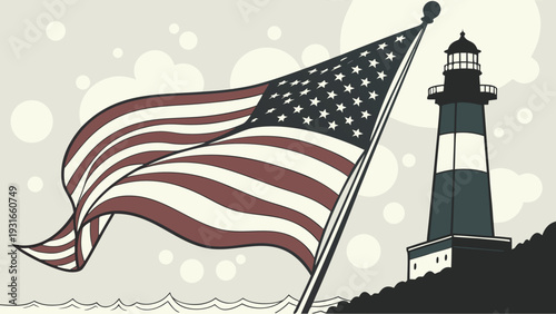 American Flag Waving with Lighthouse on Coast.