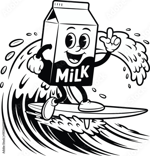 Cartoon milk carton mascot surfing vector illustration, cheerful food design with anthropomorphic character, wave motion, playful motifs, and lifestyle elements