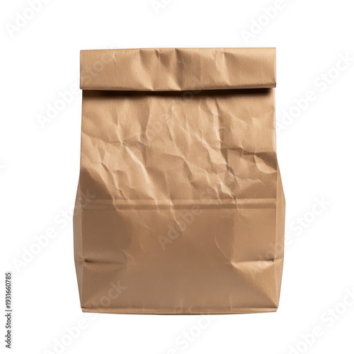 Crumpled brown paper bag with folded top isolated on transparent background