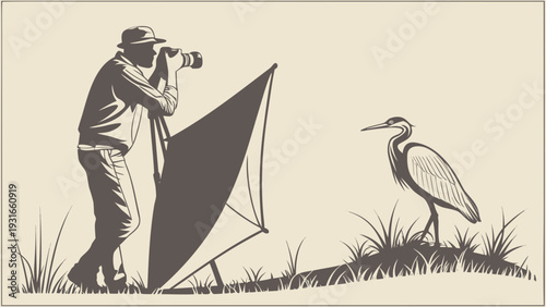 Wildlife photographer capturing a heron in its natural habitat with professional equipment.