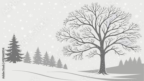 Winter landscape with bare tree and firs under falling snow.