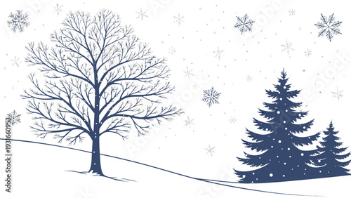 Winter landscape with bare tree fir trees and falling snowflakes.