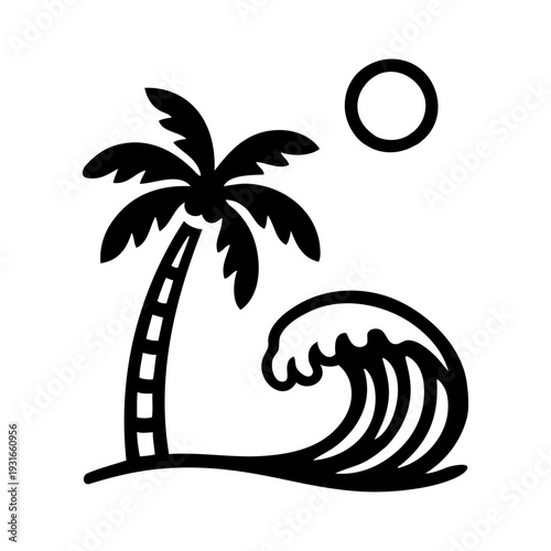 Logo agencia de viajes. Vacaciones de verano. Dibujo sencillo con líneas de un paisaje con la palma, sol y ola de mar