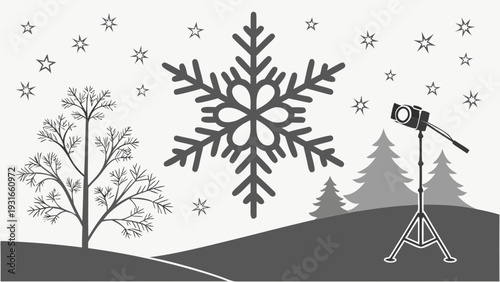 Winter landscape with large snowflake and camera on tripod.