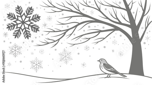 Winter scene with bird and snowflakes under a bare tree.