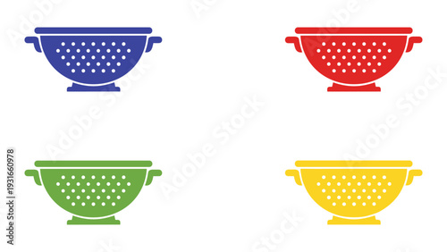 Four colorful strainers displayed in a visually appealing arrangement with distinct colors