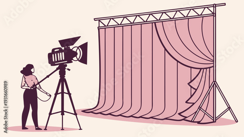Woman filming on a professional camera with a stage curtain in the background.