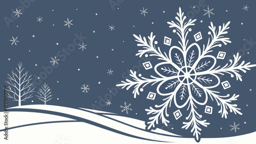 Winter Wonderland with Large Snowflake and Snow Covered Landscape.