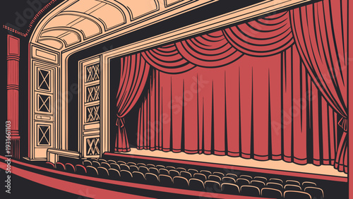 Empty theater stage with red curtains and rows of seats ready for a performance.