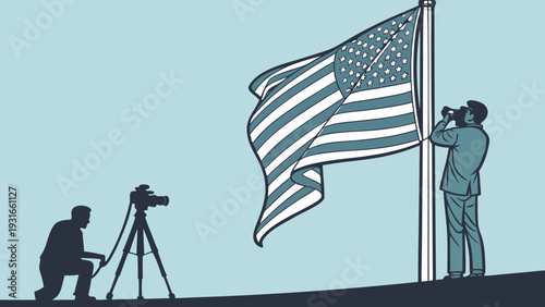 Filming the American flag with a cameraman and director.