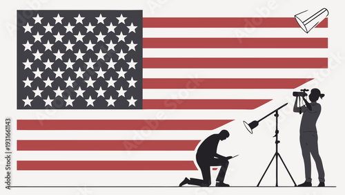Filmmakers capturing content in front of the American flag.