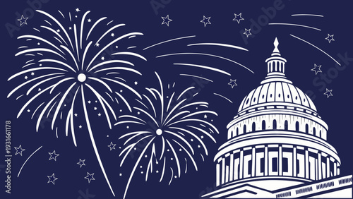 Fireworks over the US Capitol Building at Night.