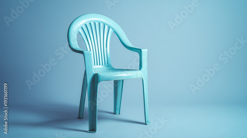 decade. Vintage pastel plastic chair in a retro 70s design, presented in a minimalist side view. lifestyle magazines.