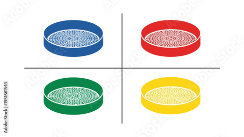 Four vibrant petri dishes displaying different colored agar media under study