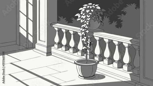 Monochromatic illustration of a potted plant on a balcony with balustrade and strong shadows.