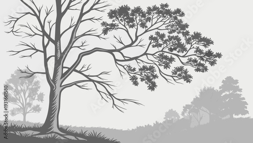 Monochromatic Landscape with Detailed Trees and Misty Background.
