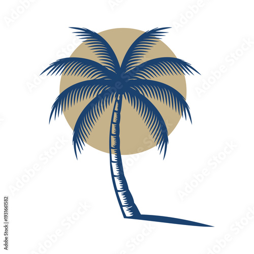 Logo agencia de viajes. Vacaciones de verano. Dibujo sencillo con líneas de un paisaje con la palma con sombra con un círculo 