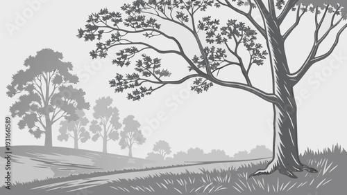 Monochromatic Landscape with Solitary Tree and Distant Forest.