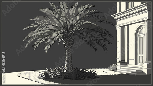 Palm tree and building exterior in monochrome illustration.