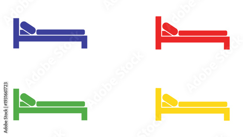 Four colorful beds with different headboard designs displayed in a grid layout