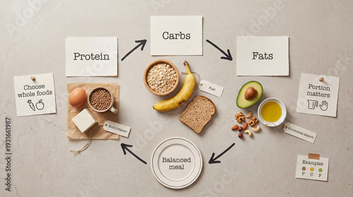 Protein Carbs Fats Macros Basics Infographic, Mixed Media Flat Lay With Real Objects, Labeled Nutrition Diagram For Healthy Eating Education.