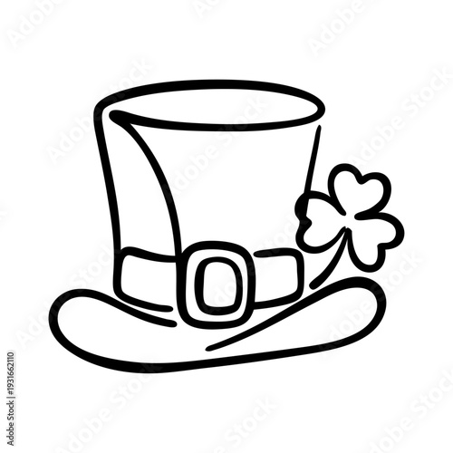 Día de San Patricio. Logo con dibujo de línea continua de sombrero de leprechaun con trébol de tres hojas para felicitaciones y tarjetas