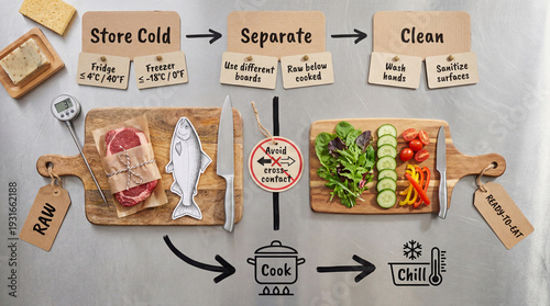 Food Safety in the Kitchen Infographic, Mixed Media Flat Lay With Real Objects, Labeled Storage Temps and Cross-Contamination Workflow.