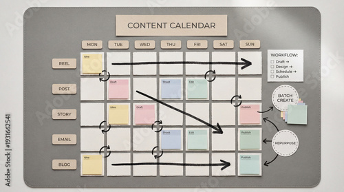 Social Media Content Calendar Infographic, Mixed Media Flat Lay With Real Objects, Labeled Monthly Posting Plan Grid For Marketing Education.