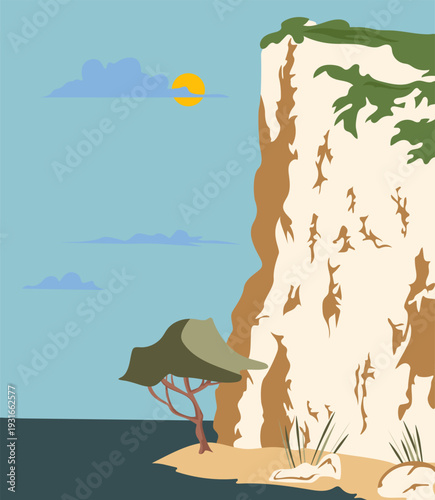 Cliffs on the seashore or ocean with a lonely tree. Hand-drawn poster image with a summer theme, beach vacation, or a desert island.