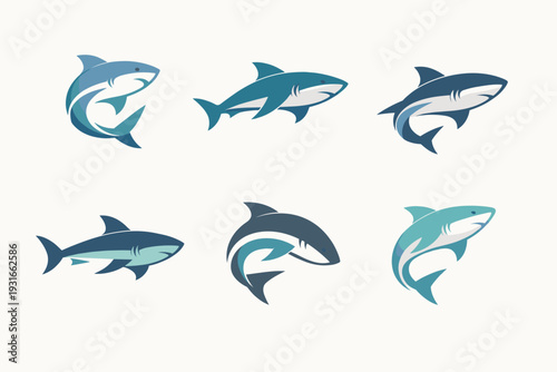 Shark Logo Vector Icons Set – Minimalist Blue Teal Dynamic Swimming Silhouettes