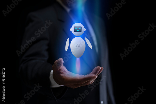 Businessman holding digital chatbot hologram with AI technology. virtual assistant, Cyborg Technology and Futuristic Intelligence Machine.