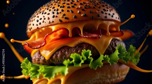 Gourmet Beef Burger with Crispy Bacon and Dynamic Liquid Cheese Splash