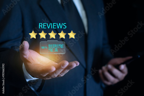 Businessman using smartphone to give five-star positive review. Online ratings and excellent service. Customer review satisfaction feedback survey concept.