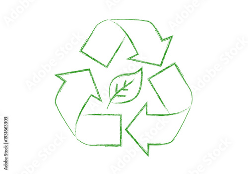 Símbolo de reciclaje verde con una hoja en el centro dibujado con trazo artístico
