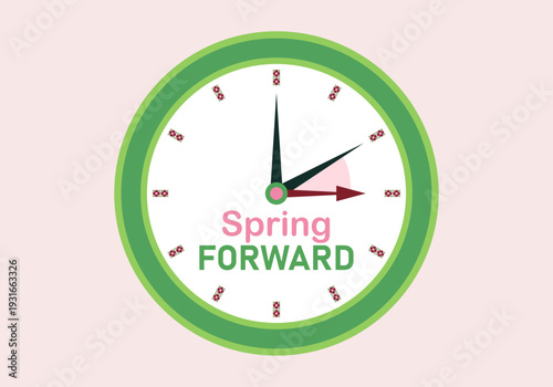 Reloj analógico con mensaje de cambio de hora de primavera sobre fondo rosado