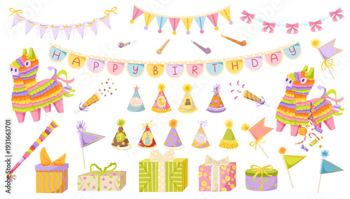 Birthday party decoration vintage set with pinata, garlands, bunting, party hats, gifts, confetti. Cute festive clipart collection for invitations, greeting cards, planner, sticker, scrapbook design