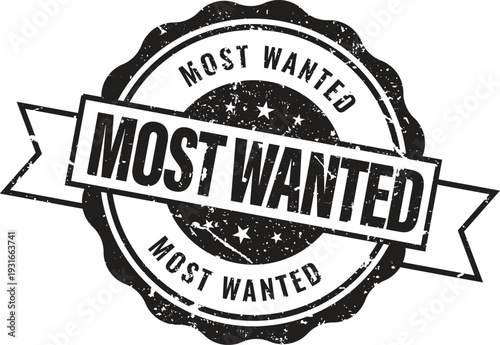 black most wanted rubber stamp with decorative ribbon and grunge texture for retail product marketing