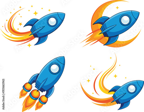Cartoon Rocket Launch Icon Set with Flying Spaceship Flame Trail and Space Adventure Elements for Startup Mission and Speed Concept.