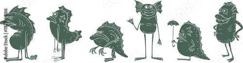 Collection swamp creatures in playful, textured style. Set features diverse lagoon monsters, including blue beast with an umbrella and various fish like characters in monochrome color. Ideal for child